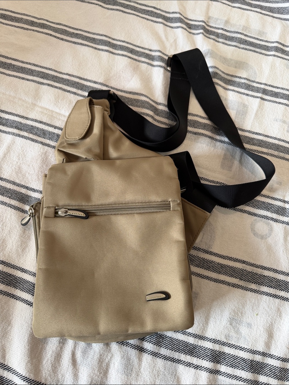 Travelon Tan Crossbody Sling Bag with Black Strap